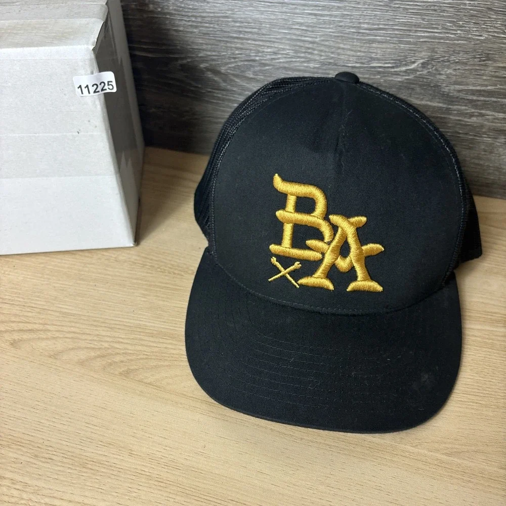 BA Hat Cap Snap Back Black Gold Trucker Mesh Embroidered Mens